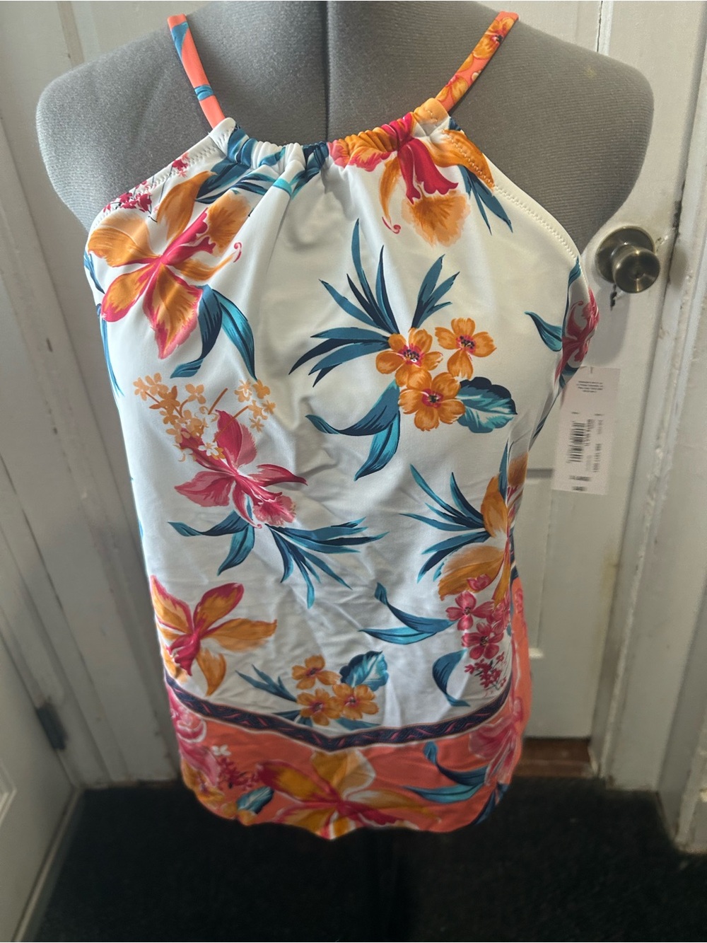 a.n.a White Floral Halter Tank with Teal, Orange & Pink Accents
